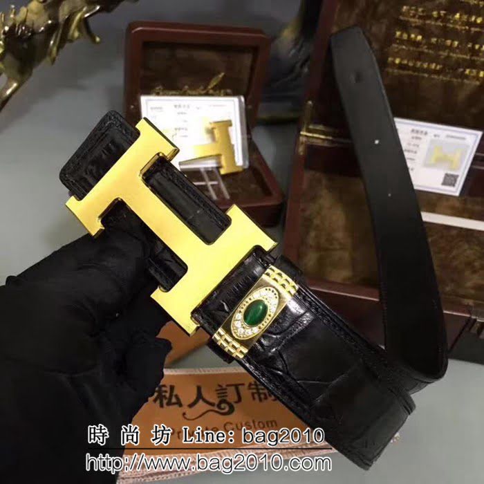 愛馬仕HERMES 黃金系列 24KGold純黃金扣頭 純手工美洲鱷魚皮高端男士皮帶 HHG1518
